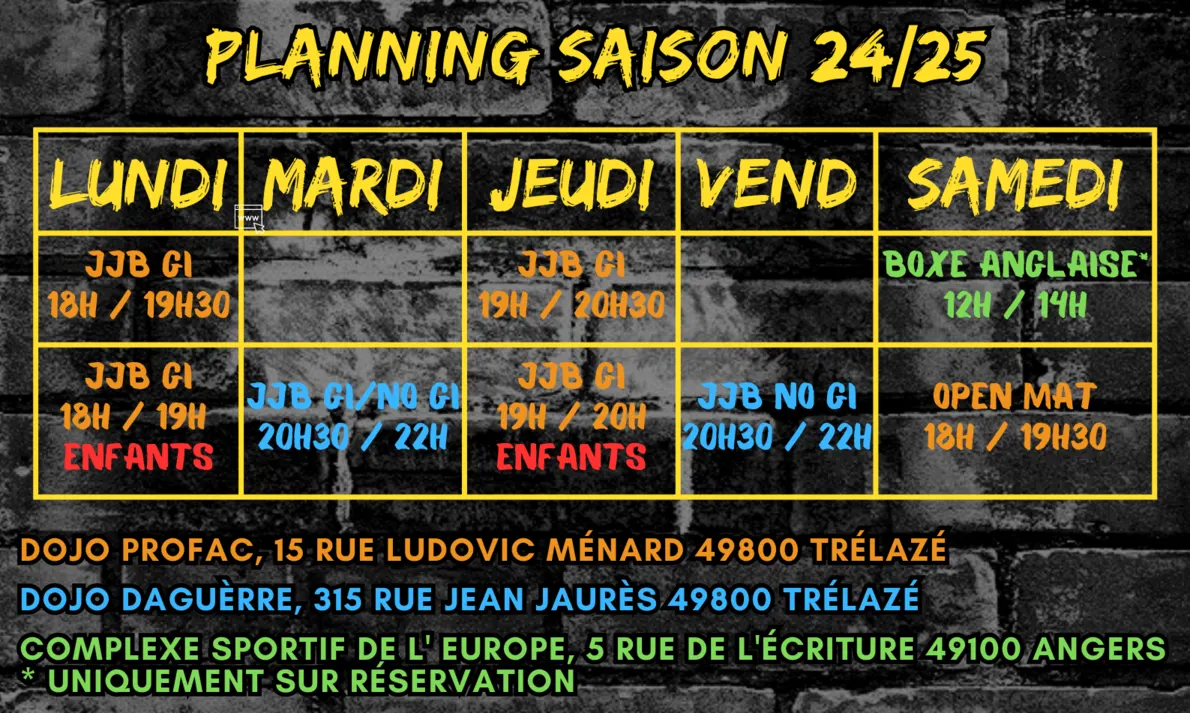 Planning des cours de la saison 24/25, par jour et par dojo